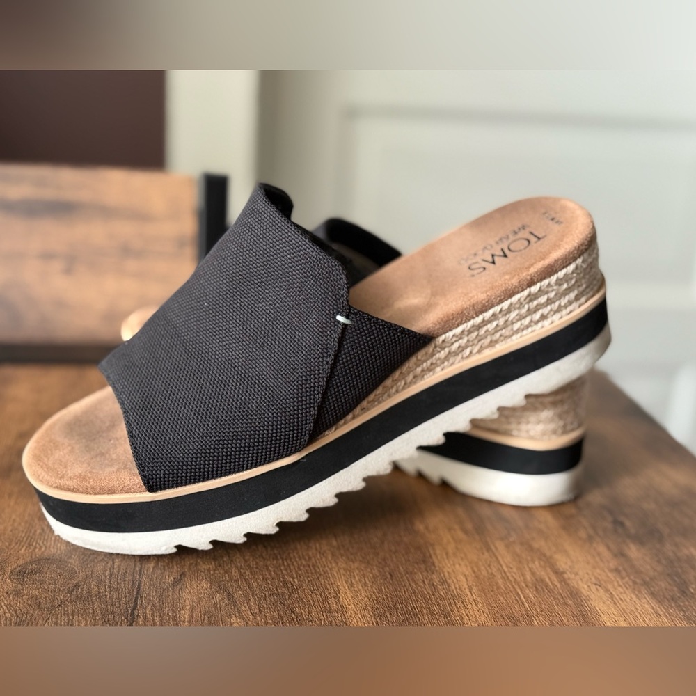 TOMS Black and Tan Wedge Sandals